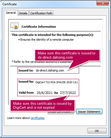 Sample screen shot of Internet Explorer's certificate for 328 Business e-Banking